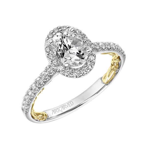 31-V928EVWY-E.01 - Goldman - Lyric Engagement Ring with Oval Diamond Halo and Accented Diamond Gallery with Inner Carved details and Diamond Shank