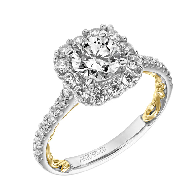 31-V930ERWY-E.01 - Goldman - Lyric Engagement Ring with Cushion Diamond Halo and Accented Diamond Gallery with Diamond Shank