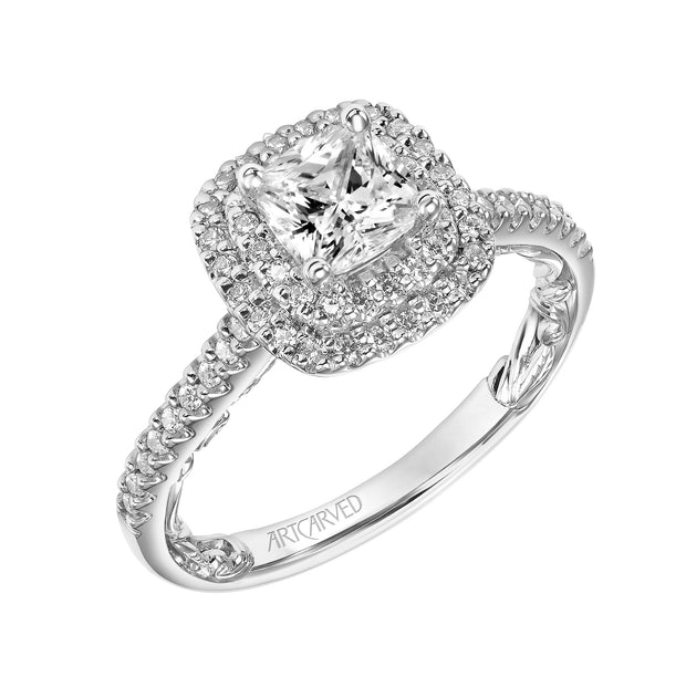 31-V931EUW-E.01 - Goldman - Lyric Engagement Ring with Cushion Double Diamond Halo and Accented Diamond Gallery with Diamond Shank