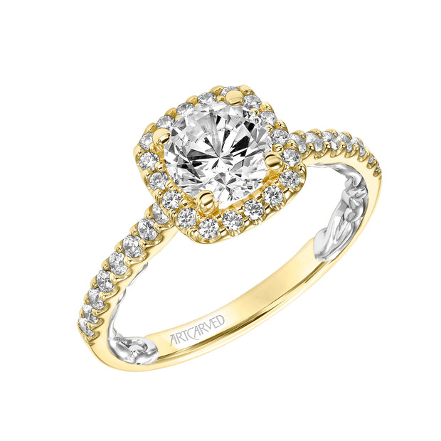 31-V934ERYW-E.01 - ARTCARVED - Lyric Engagement Ring with Cushion Diamond Halo and Accented Diamond Gallery with Diamond Shank