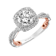 31-V955GRWR-E.01 - ARTCARVED - Lyric Engagement Ring with Cushion Diamond Halo and Accented Diamond Gallery with Inner Carved details and Diamond Shank