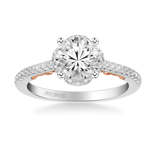 31-V1010GRWR-E.01 - ARTCARVED - Lyric Engagement Ring with Round Diamond Halo and Carved Gallery details with  Diamond Shank