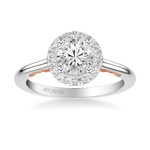 31-V1011ERWR-E.01 - ARTCARVED - Lyric Engagement Ring with Round Diamond Halo and Carved Gallery details with Polished Shank