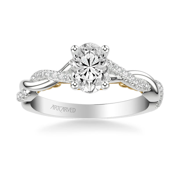 31-V1012EVWY-E.01 - ARTCARVED - Lyric Engagement Ring with Carved Gallery details and Alternating Diamond and Polish Twist Shank