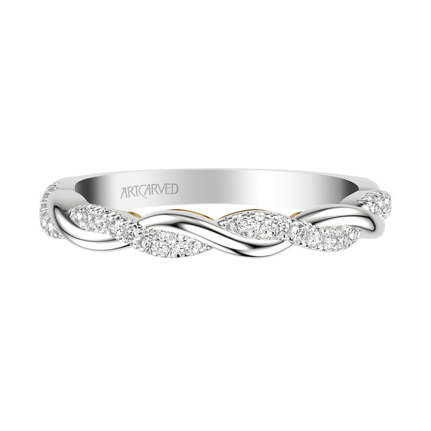 Lyric Twist Wedding Band with Diamond and Polished Design with Inner Carved details