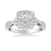31-V1013ERWR-E.01 - ARTCARVED - Lyric Engagement Ring with Cushion Diamond Halo and Carved Gallery details with Twist Diamond Shank