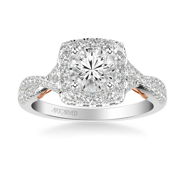 31-V1013ERWR-E.01 - ARTCARVED - Lyric Engagement Ring with Cushion Diamond Halo and Carved Gallery details with Twist Diamond Shank