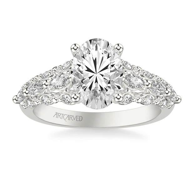 31-V1079GRW-E.01 - ARTCARVED -  Classic Engagement Ring with Cathedral Shank and Graduated Triple Row Prong Set Round and Marquise Diamond Shank