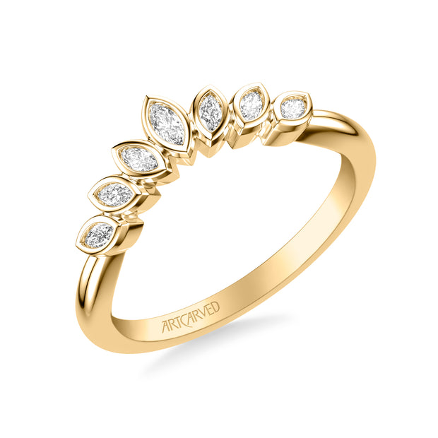Floral Curved Wedding Band with Bezel Set Marquise Diamonds and Polished Band