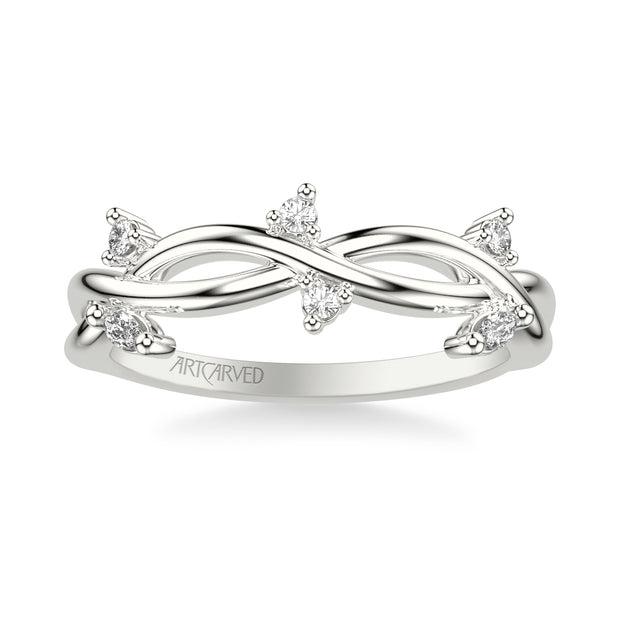 Floral Wedding Band with Floating Prong Set Marquise and Round Diamond Accents and Twisted Polished Shank