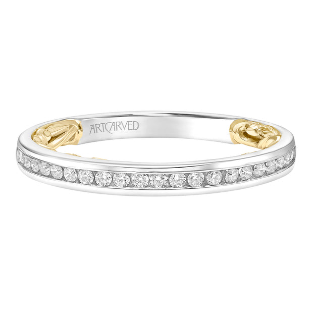 Lyric Channel Set Diamond Wedding Band with Inner Carved details