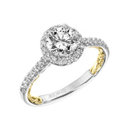 Lyric Engagement Ring with Round Diamond Halo and Accented Diamond Gallery with Inner Carved details and Diamond Shank