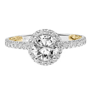 31-V924ERWY-E.01 - ARTCARVED - Lyric Engagement Ring with Round Diamond Halo and Accented Diamond Gallery with Inner Carved details and Diamond Shank