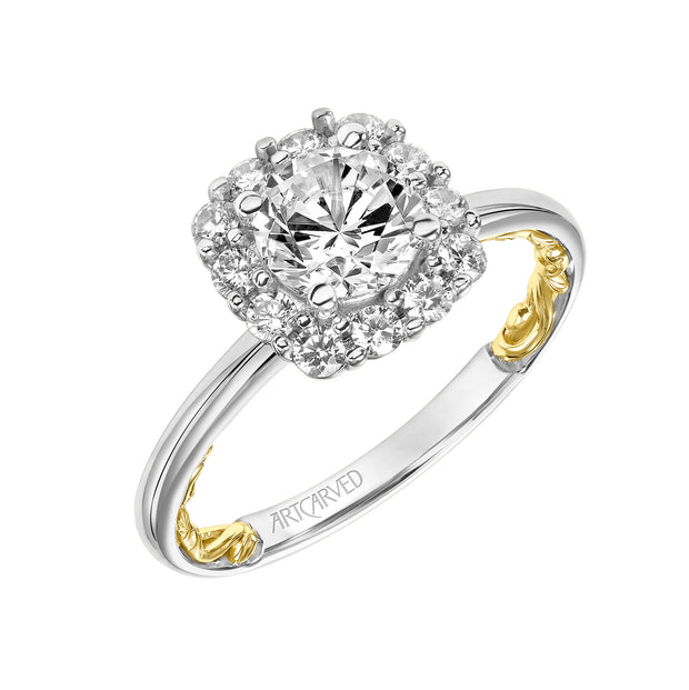 Lyric Engagement Ring with Cushion Diamond Halo and Accented Diamond Gallery with Polished Shank