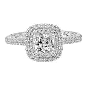 31-V931EUW-E.01 - ARTCARVED - Lyric Engagement Ring with Cushion Double Diamond Halo and Accented Diamond Gallery with Diamond Shank