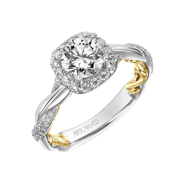 Lyric Engagement Ring with Cushion Diamond Halo and Accented Diamond Gallery with Twist Diamond and Polished Shank