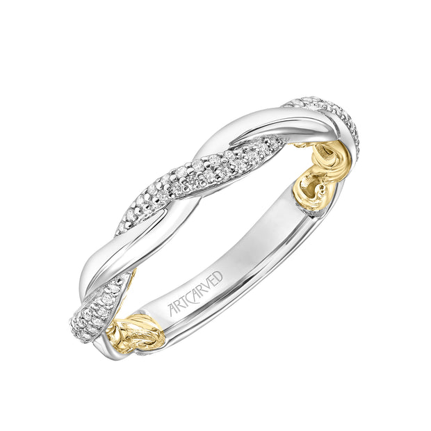 Lyric Twist Wedding Band with Diamond and Polished Design with Inner Carved details