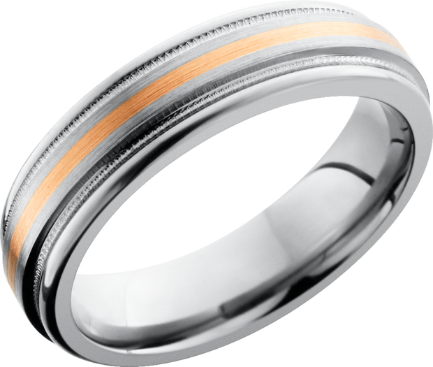 Titanium 6mm flat band with rounded edges and an inlay of 14K rose gold with reverse milgrain detail on either side