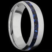 7 mm wide/Domed/Titanium band with one 2 mm Off Center inlay of Blue Tiger Eye.