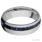 7 mm wide/Domed/Titanium band with one 2 mm Off Center inlay of Blue Tiger Eye.