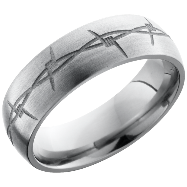 Titanium 7mm domed band with a laser-carved barbed wire pattern