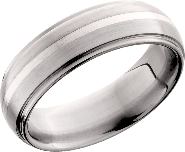 Titanium 7mm domed band with grooved edges and an inlay of sterling silver