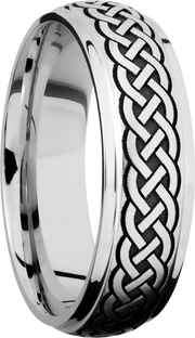 Titanium 7mm domed band with grooved edges and a laser-carved celtic pattern