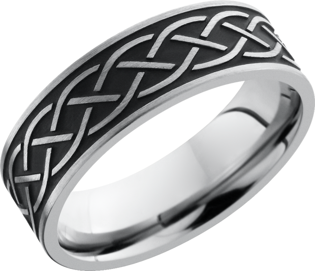 Titanium 7mm flat band with a laser-carved celtic pattern with Cerakote in the pattern recesses