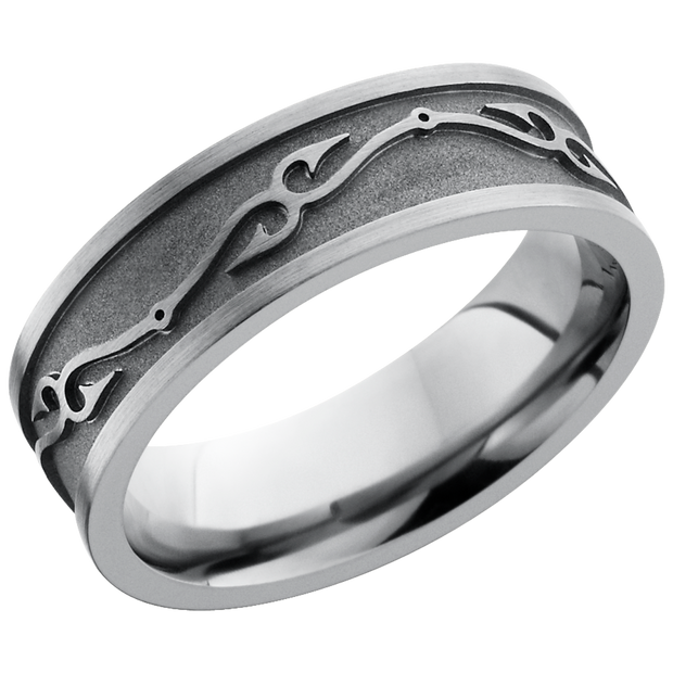 Titanium 7mm flat band with a laser-carved fishhook pattern