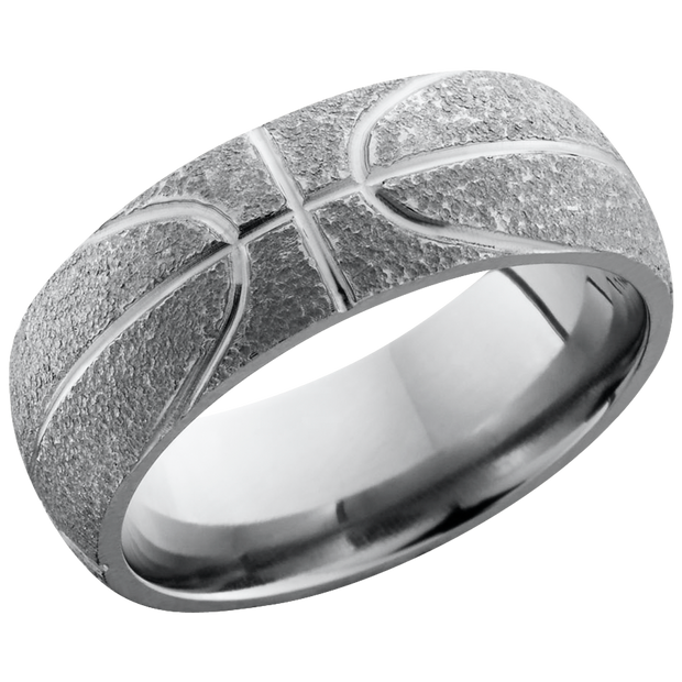 Titanium 8mm domed band with a laser-carved basketball pattern