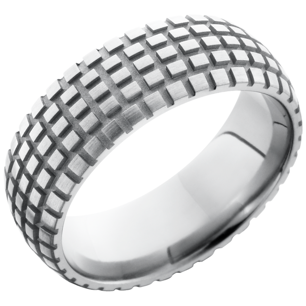 Titanium 8mm domed band with a laser-carved cycle pattern