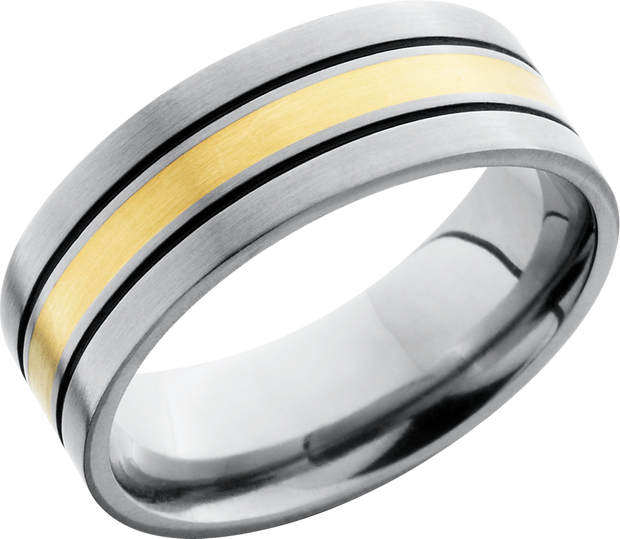 Titanium 8mm flat band with an inlay of 14K yellow gold and Cerakote filled grooves on either side