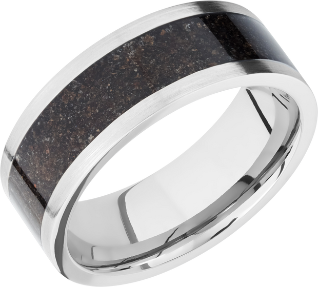 Titanium 8mm flat band with a mosaic inlay of black dinosaur bone