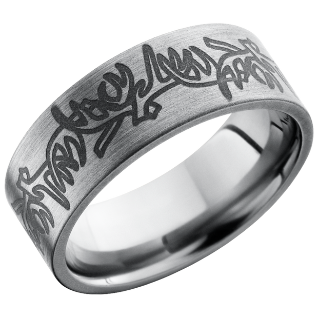 Titanium 8mm flat band with a laser-carved antler pattern