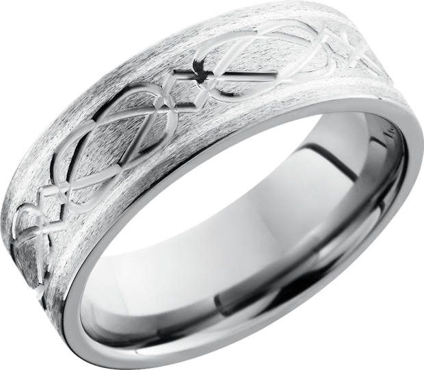 Titanium 8mm flat band with a laser-carved celtic weave pattern in a sterling silver inlay