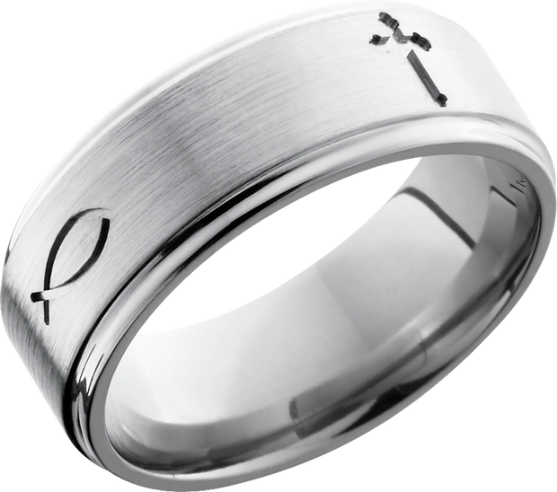 Titanium 8mm flat band with grooved edges and a laser-carved cross pattern