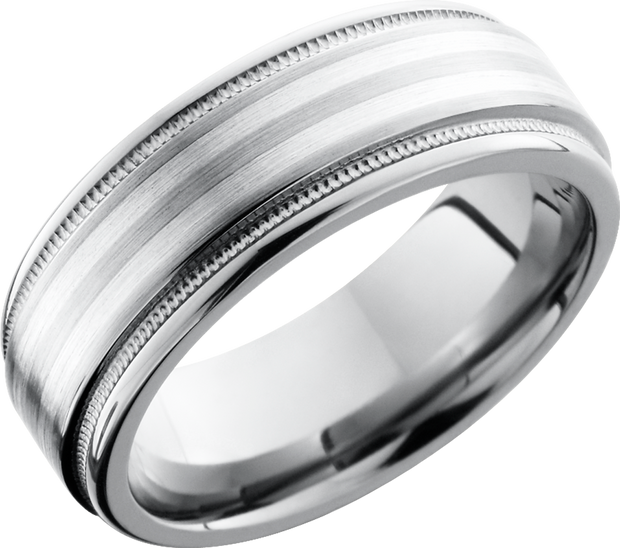 Titanium 8mm flat band with rounded edges and 2, 1mm inlays of sterling silver