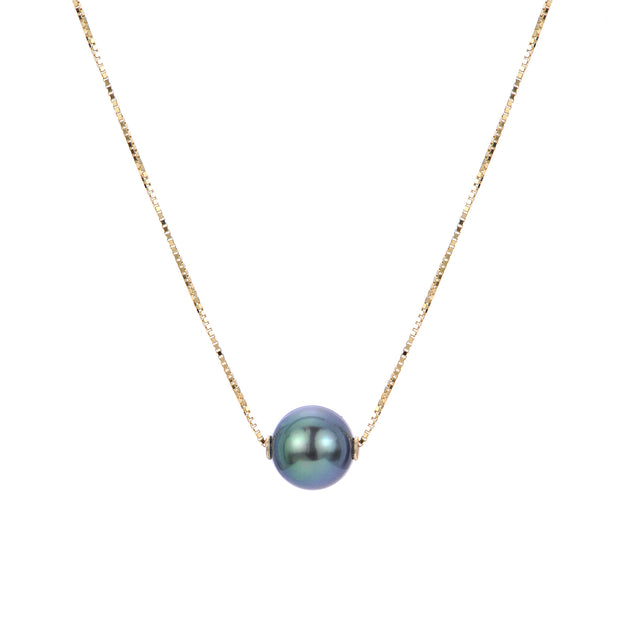 14KT Yellow Gold Fancy Green Color Tahitian Pearl Solitaire Necklace