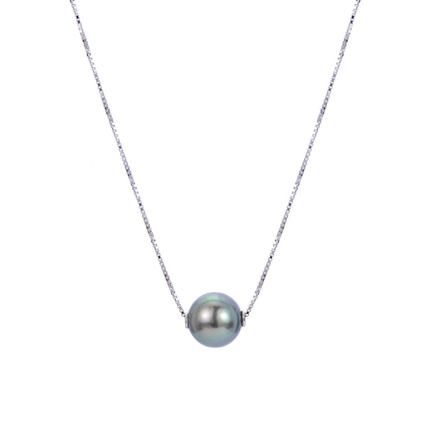 14KT White Gold Fancy Blue Color Tahitian Pearl Solitaire Necklace