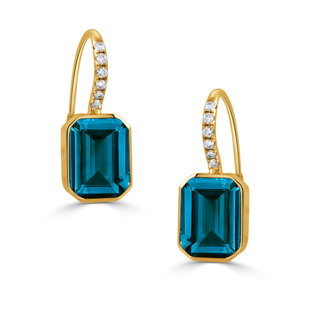 18K YELLOW GOLD DIAMOND EARRING WITH LONDON BLUE TOPAZ