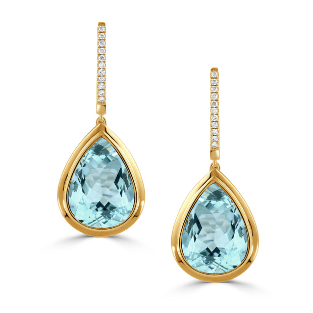 18K YELLOW GOLD DIAMOND EARRING WITH SKY BLUE TOPAZ CENTER AND DIAMOND UTOP