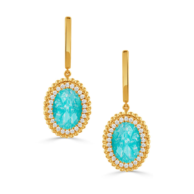 18K YELLOW GOLD DIAMOND EARRING WITH CLEAR QUARTZ OVER AMAZONITE