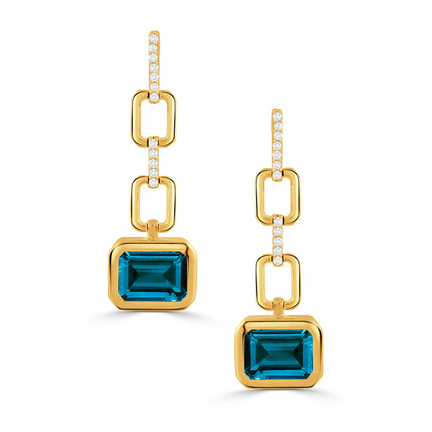 18K YELLOW GOLD DIAMOND EARRING WITH LONDON BLUE TOPAZ