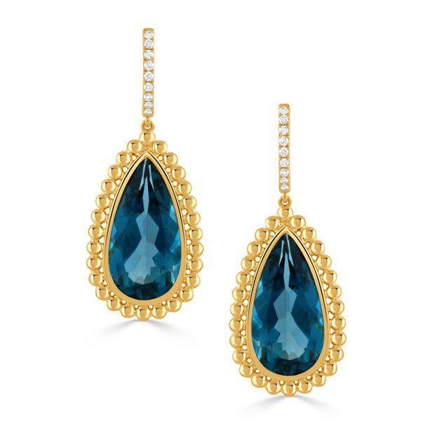 18K YELLOW GOLD DIAMOND EARRING WITH LONDON BLUE TOPAZ CENTER STONE