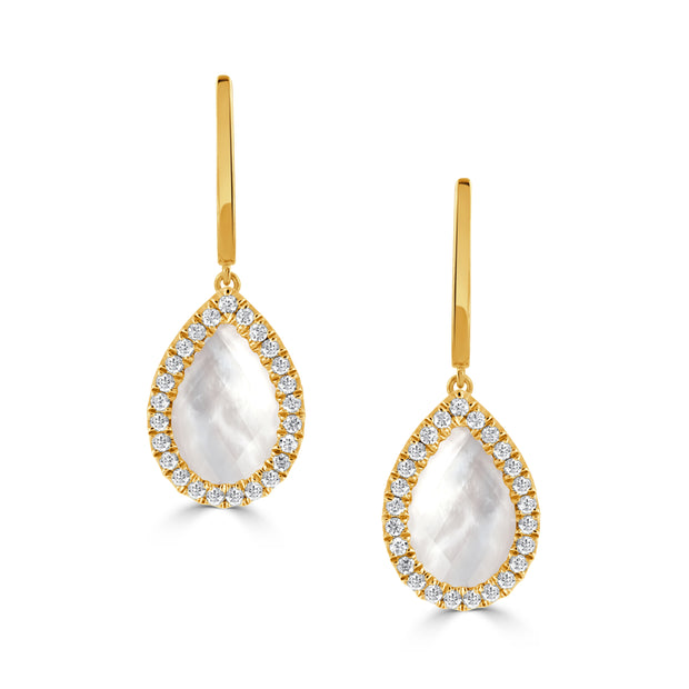 18K YELLOW GOLD DIAMOND EARRING WITH CLEAR QUARTZ OVER WHITE MOTHER OF PEARL