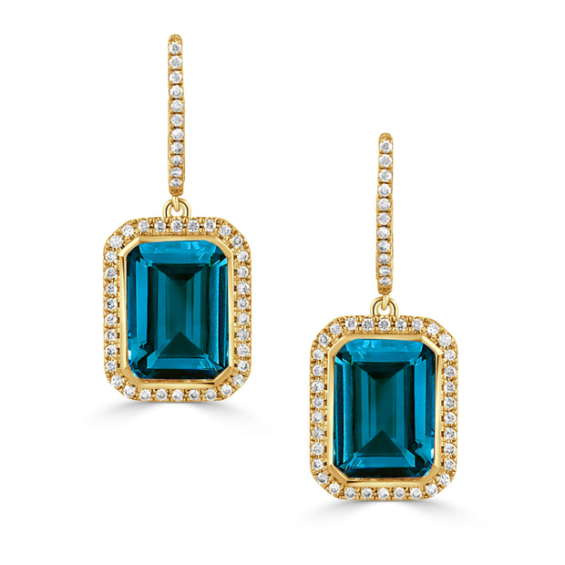 18K YELLOW GOLD DIAMOND EARRING WITH LONDON BLUE TOPAZ