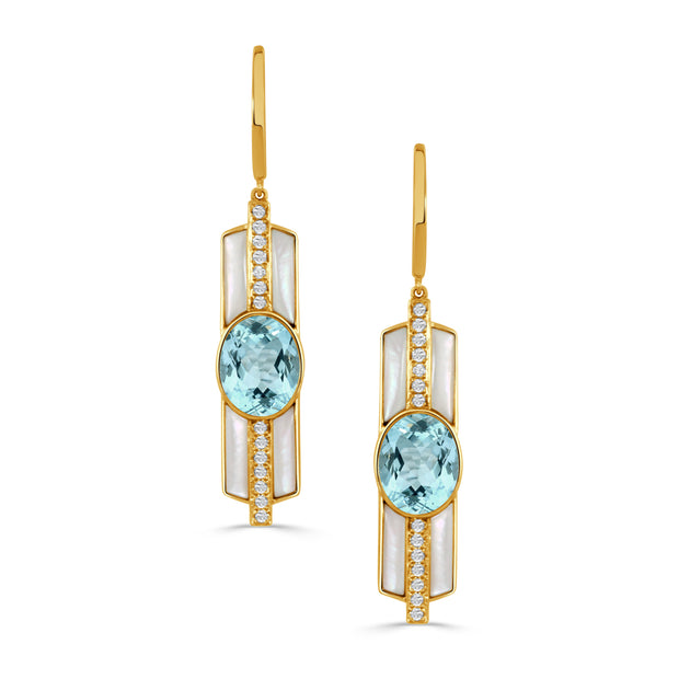 18K YELLOW GOLD DIAMOND EARRING WITH WHITE MOTHER OF PEARL SIDES AND SKY BLUE TOPAZ OVAL CENTER STONE WITH PLAIN GOLD U TOPS