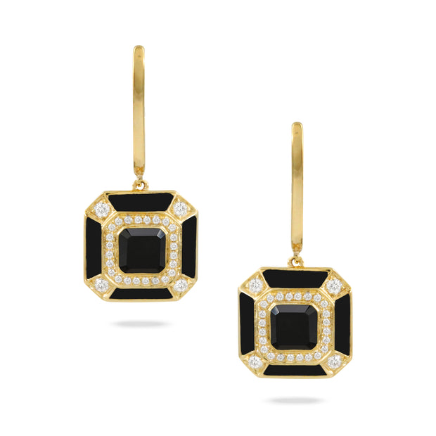 18K YELLOW GOLD DIAMOND EARRINGS  WITH BLACK ONYX WITH PLAIN GOLD U-TOPS