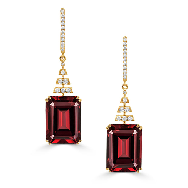 18K YELLOW GOLD DIAMOND EARRING WITH RED GARNET