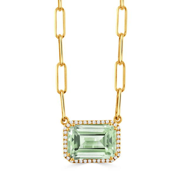 18K YELLOW GOLD DIAMOND NECKLACE WITH GREEN AMETHYST ON PAPER CLIP CHAIN